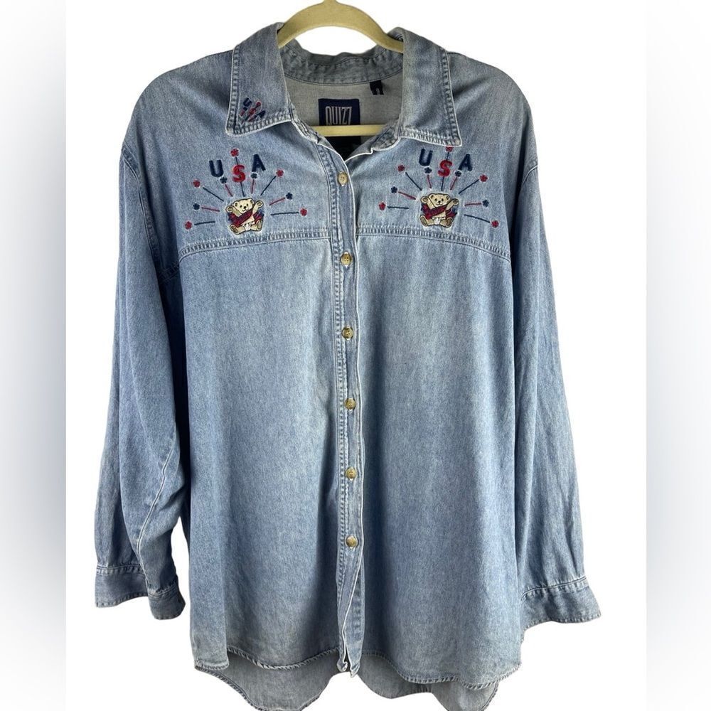 Vintage USA jeans denim long sleeve button shirt sz 18 w embroidered teddy bear